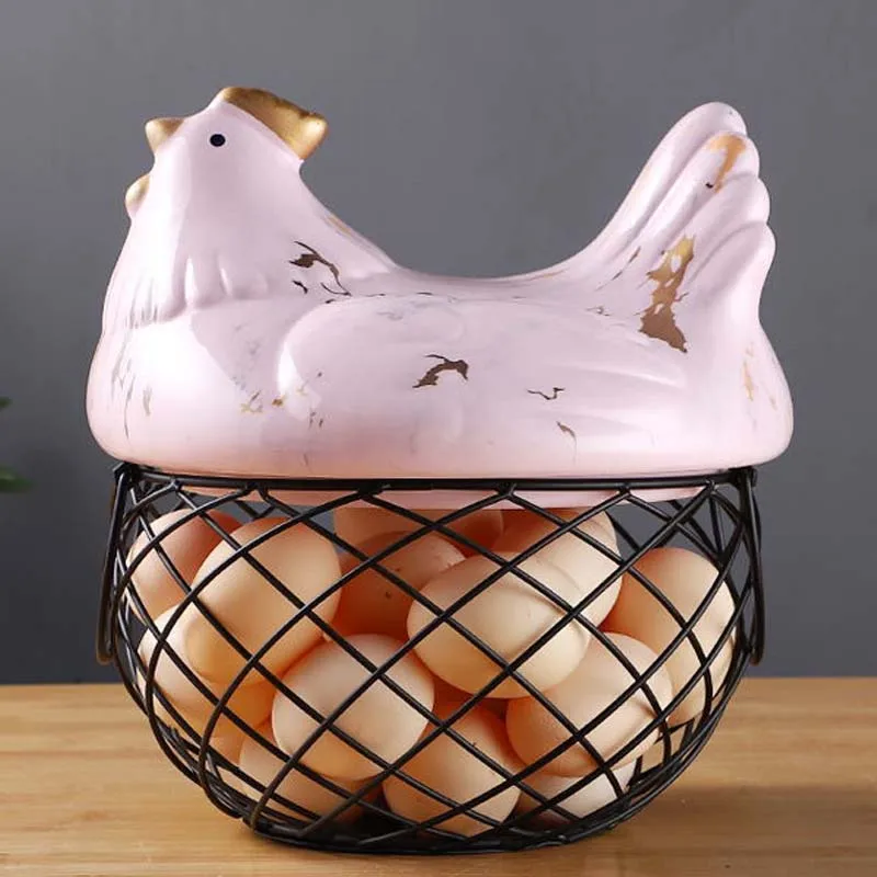 

Multi-function Eggs Storage Basket Chicken Shape Iron Ceramic Lid Fruit Organizer With Handle Large Capacity Kitchen Mesh Holder