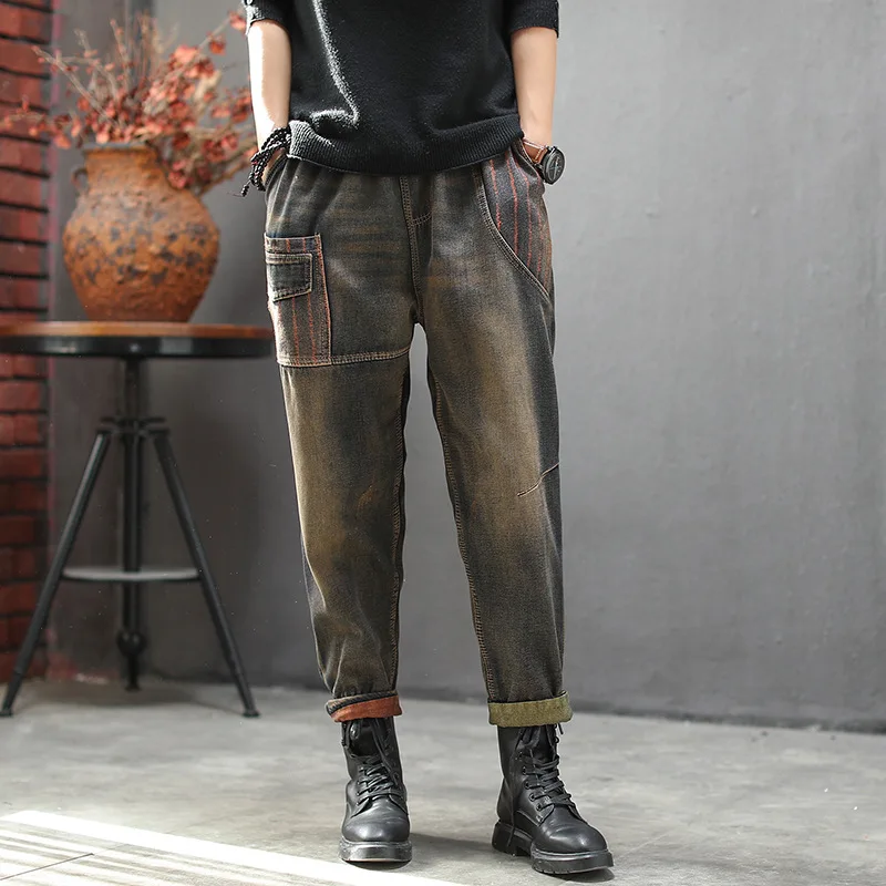 Осень зима джинсы для женщин в стиле ретро Для Повседневное толстовки из