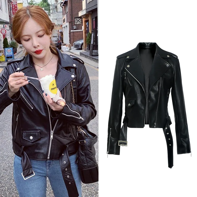 Faux Leather Jacket Moto Biker Short Black Jacket Women Fall 2021 Turn-down Collar Side Zipper Up  Faux Leather Jackets Women