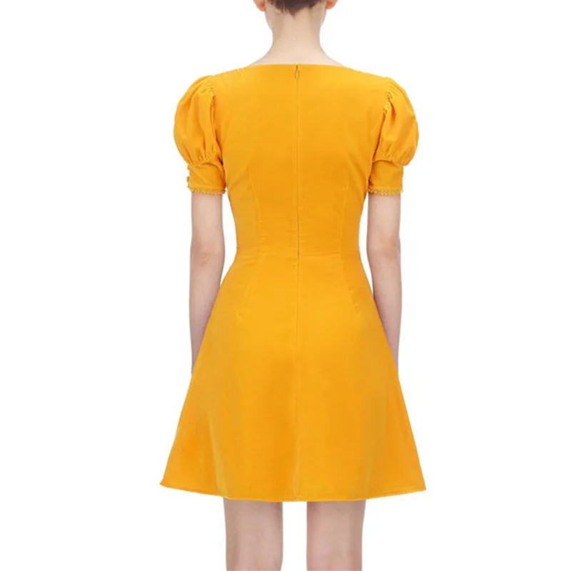 Женское бархатное платье с V-образным вырезом коротким рукавом-фонариком и