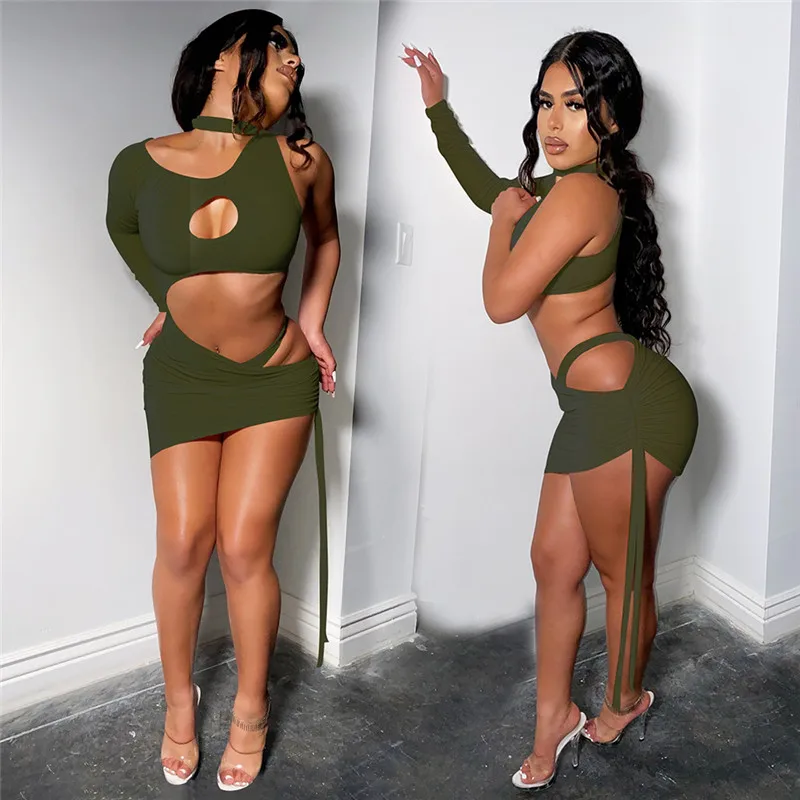 

Hollow Out 2021 New Sexy Women Dress Sexy Off Shoulder Single Long Sleeve High Waist Bodycon Smin Pencil Dress Clubwear