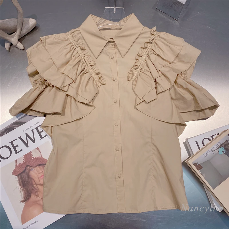 

Women's Blouses 2021 Summer New Temperament Slim Fit Sweet Flounced Sleeve Solid Color Shirt Khaki Blusas Top Femme