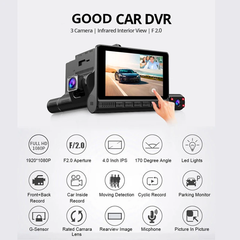 

4-дюймовый сенсорный экран с 3 объективами Автомобильный видеорегистратор с камерой заднего вида FHD 1080P видеорегистратор ночного видения G-д...