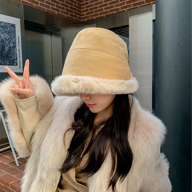 

Women's Winter Hat 2021 Plush Warm Fisherman Hat Thickened Cold-proof Basin Hat Windproof and Wool Mongolian Cap New Bucket Hat