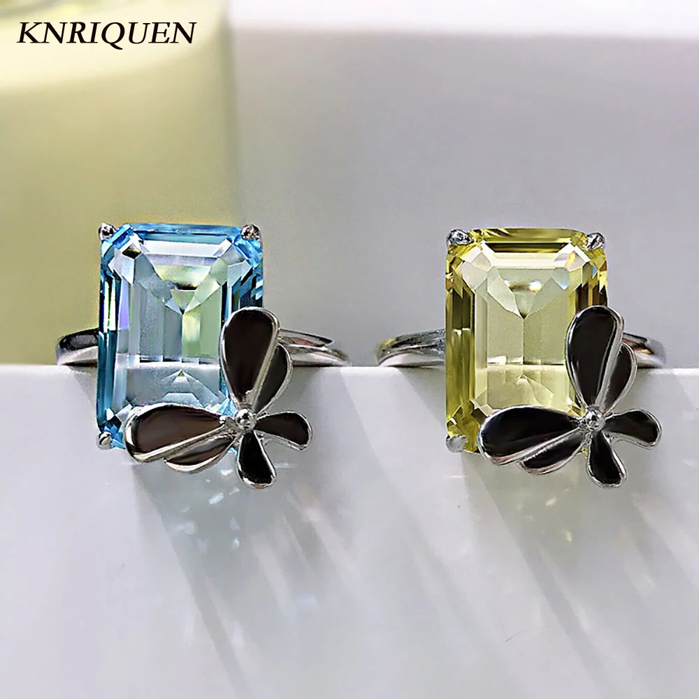 Romantic 925 Sterling Silver 10*14mm Topaz Aquamarine Stone Butterfly Rings for Girlfriend Wedding Fine Jewelry Anniversary Gift