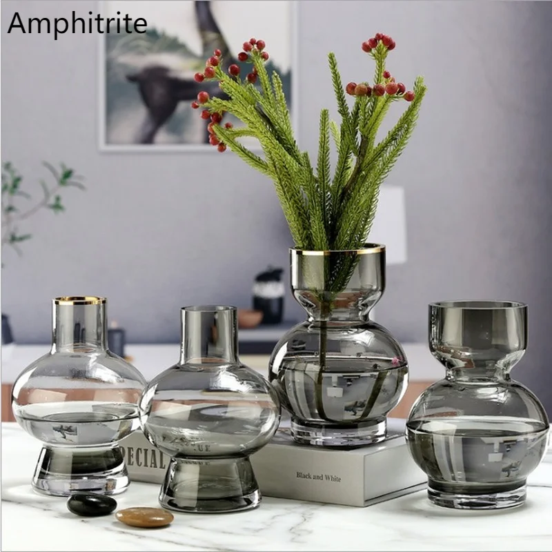 

European Retro Vase Of Thick Glass Interior Living Room Golden Flower Table Home Decoration Accessories Vase Transparent Glass