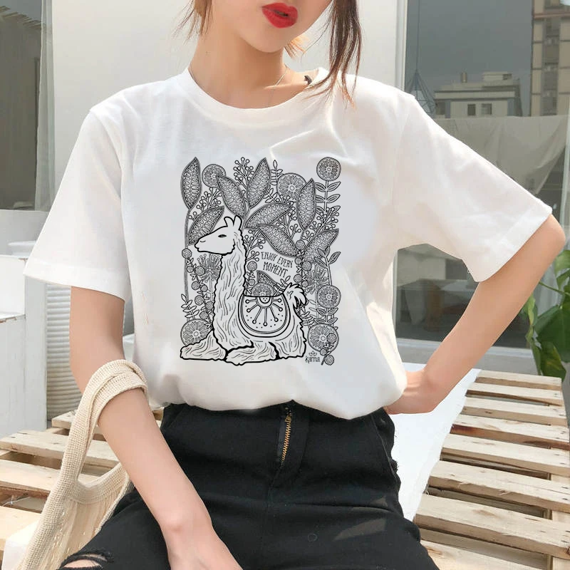 

Woman tshirts Alpaca cartoon printed T-shirt Women Casual White Tops Casual T Shirt Vogue T-shirt ladies summer casual T-shirt