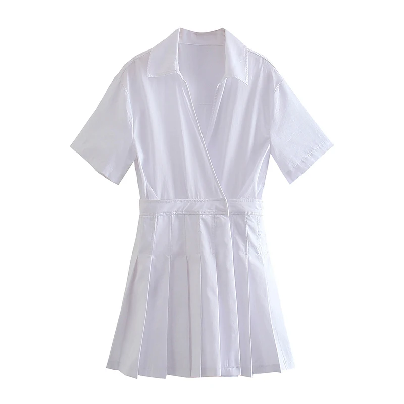 

HWLZLTZHT Women 2021 Chic Fashion Pleated Crossover White Playsuits Vintage Short Sleeve Side Zipper Female Jumpsuits Mujer