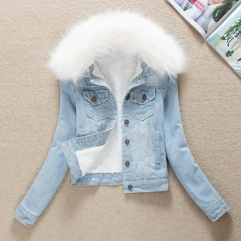 

Fur Denim Jackets Fur Collar Hooded Warm Parka Winter Jacket Women Lamb Fur Padded Denim Outwear Female Plus Velvet Coat Short