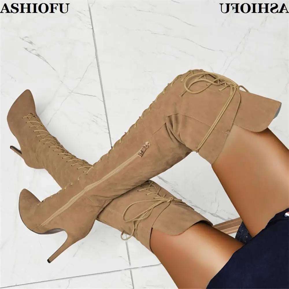 

ASHIOFU/оптовая продажа; Женские сапоги ручной работы на высоком каблуке; Вечерние Сапоги выше колена с перекрестными ремешками; Модные вечерн...