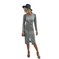 european and american fashion autumn hot style twisted v neck solid color knitted dress women drop shipping