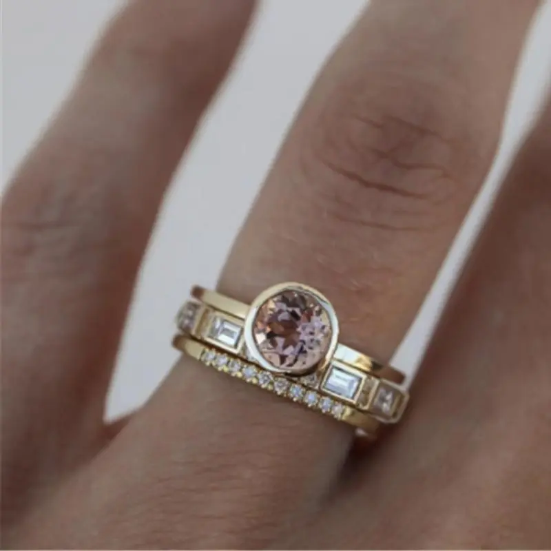 

3pcs Pink Crystal Rings for Women Fashion Yellow Gold Color Wedding Women's Ring 2021 Luxury Brand Jewelry Gifts Accessories