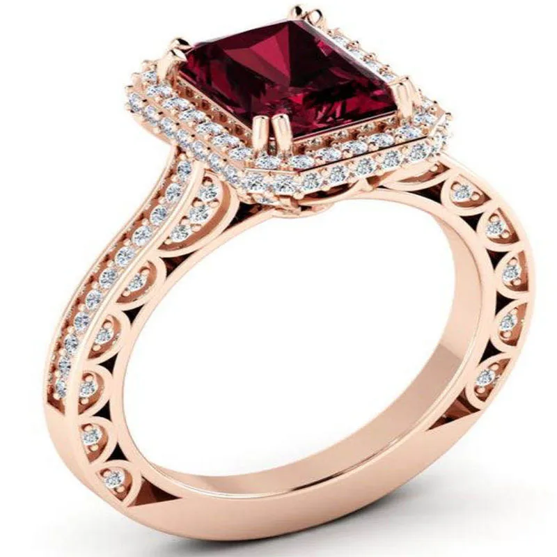 

Luxury Zircon Zircon Women Ring Rose Gold Red Zircon Heart Shape Open Ring for Wedding Party Jewelry Accessories Gifts