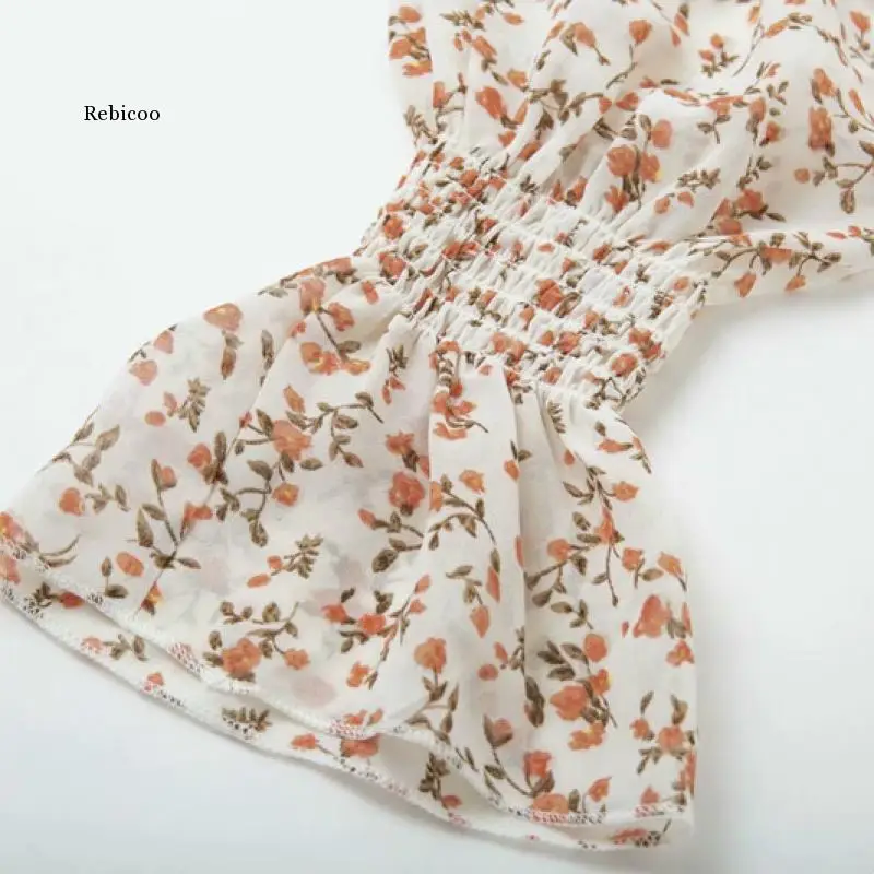 

Elegant Off Shoulder Chiffon Tank Tops Women Lantern Sleeve Crop Top Female Autumn Holiday Flroal Print Tops Tees