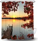 Осенняя занавеска для душа с листьями кленового дерева и деревянным мостом, озером, закатом, природным ландшафтом, осенняя занавеска для ванной комнаты, набор для декора