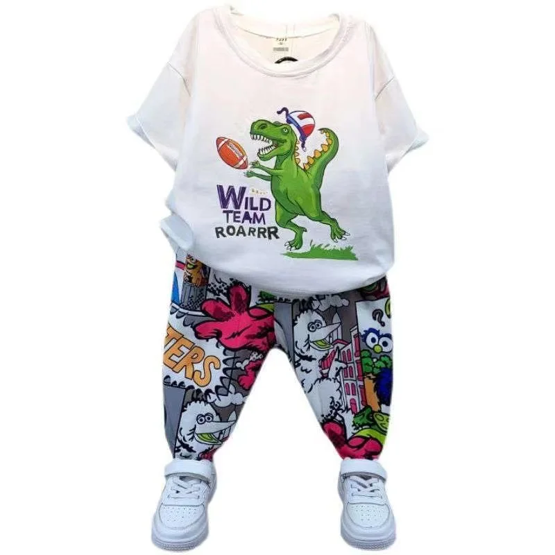 

Boy's Clothes New Foreign Style Children's Summer Short-sleeved Cartoon Printed Pattern T-shirt Pants Kids Two-piece Suit BT147
