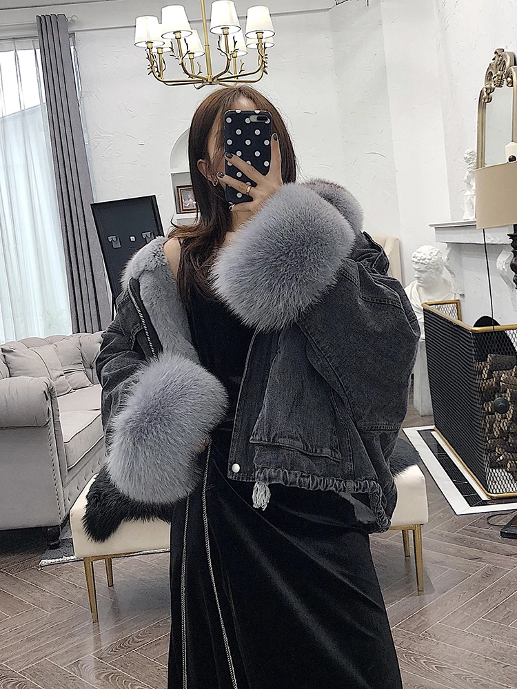 Enlarge 2021 Denim Parka Women Winter Jacket Real Fox Fur Collar Cuffs Rabbit Lining Warm Loose Outerwear Streetwear Removable