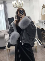 2021 denim parka women winter jacket real fox fur collar cuffs rabbit lining warm loose outerwear streetwear removable