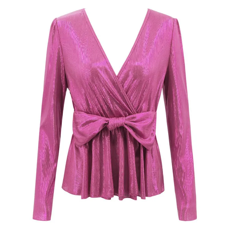 Элегантная блестящая блузка с v образным вырезом рубашки объемным бантом в