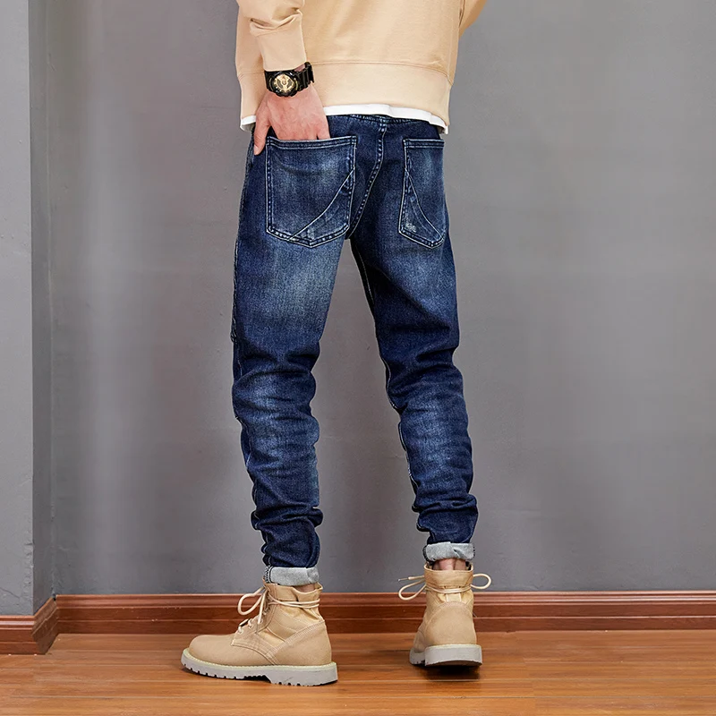 Newly Street Style Fashion Men Jeans Retro Blue Elastic Slim Fit Spliced Designer Biker Jeans Men Hip Hop Denim Punk Pants Homme
