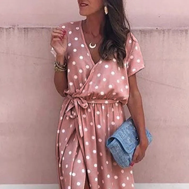 2019 летние Для женщин розового цвета с узором в горошек Повседневное платье макси