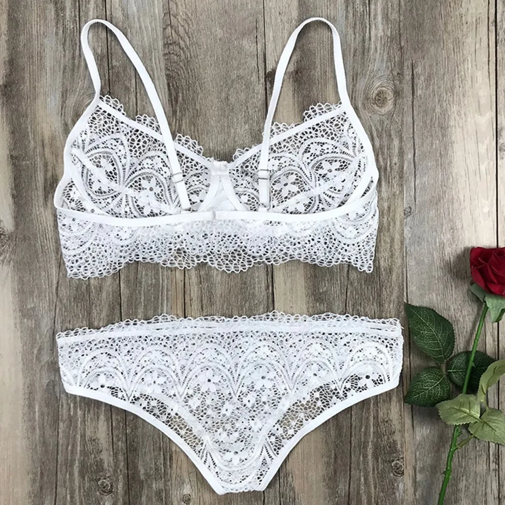 

Babydoll 2pcs Bra Set Women Transparent Bra Set + Panties Black Sexy Lingerie Lace Lenceria Plus Size Lace Underwear Set #W