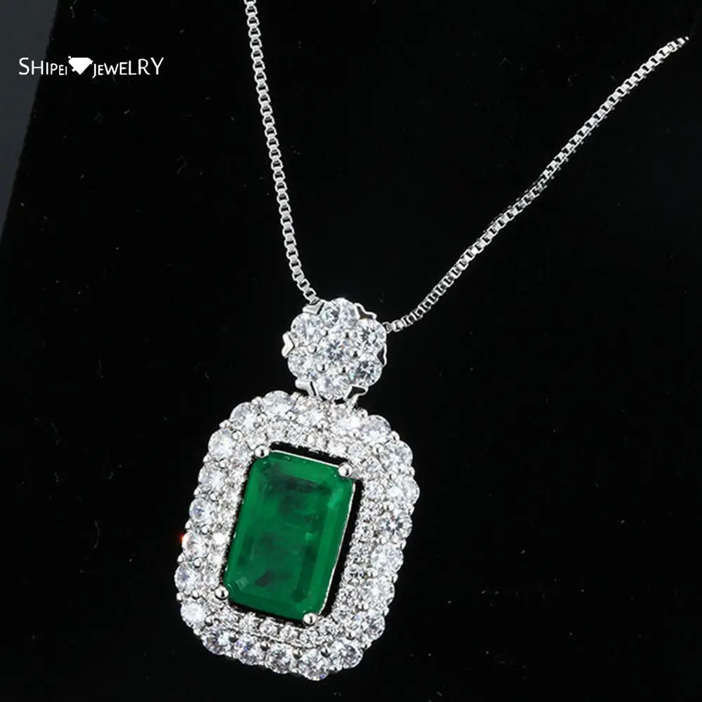 

Shipei 100% 925 Sterling Silver Emerald Created Moissanite Diamonds Gemstone Wedding Engagement Fine Jewelry Pendant Necklace