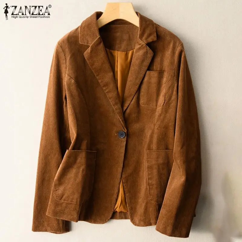 

ZANZEA Autumn Vintage Corduroy Women Blazers 2022 OL Spring Winter Warm Long Sleeve Outwears Oversized Casual Office Lady Coats