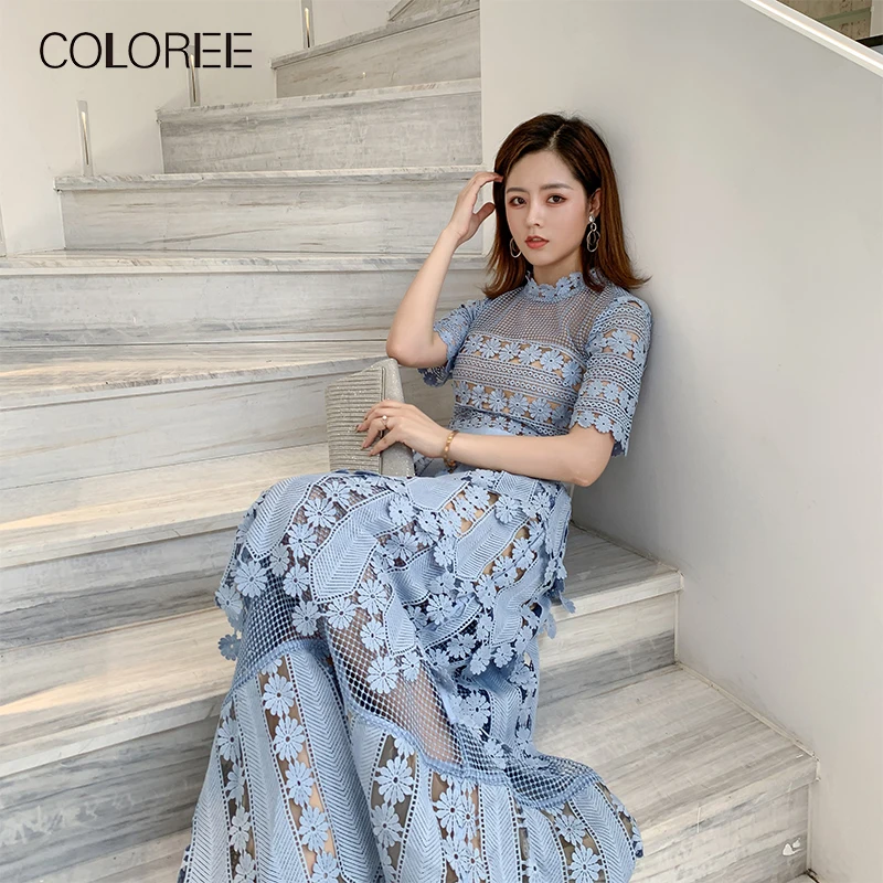 

Elegant Ruffled Short Sleeve Blue Floral Hollow Out Lace Long Party Dress Women 2019 Summer High Quality Self Portrait Dress