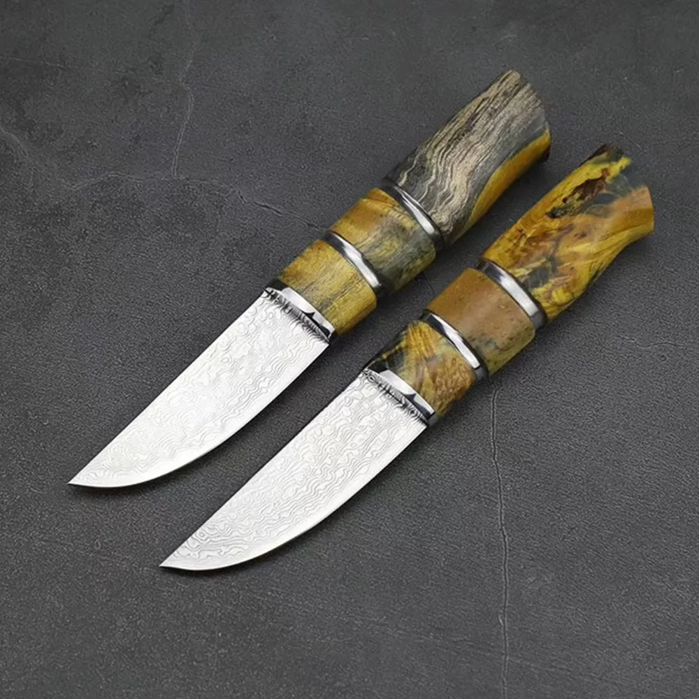 Дамасская сталь Открытый тактика прямой нож Желтый hilt край охотничий