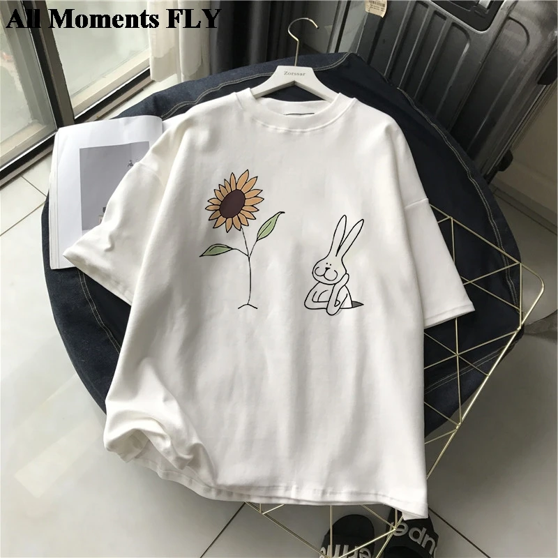 

2021 Harajuku Fsahion Woman Tshirts Kawaii Rabbit And Xiang Rigui T Shirt Streetwear Lovely Cartoons T-shirt Casual White Shirt