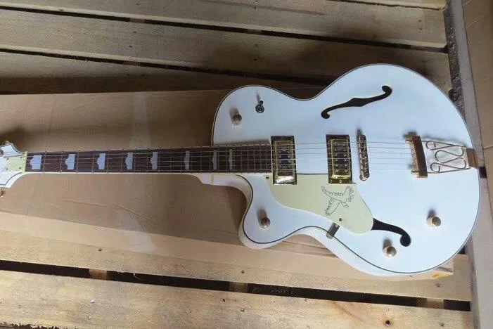 

Бесплатная доставка, Заводская изготовленная на заказ белая левая полуполый корпус Jazz электрическая гитара 2