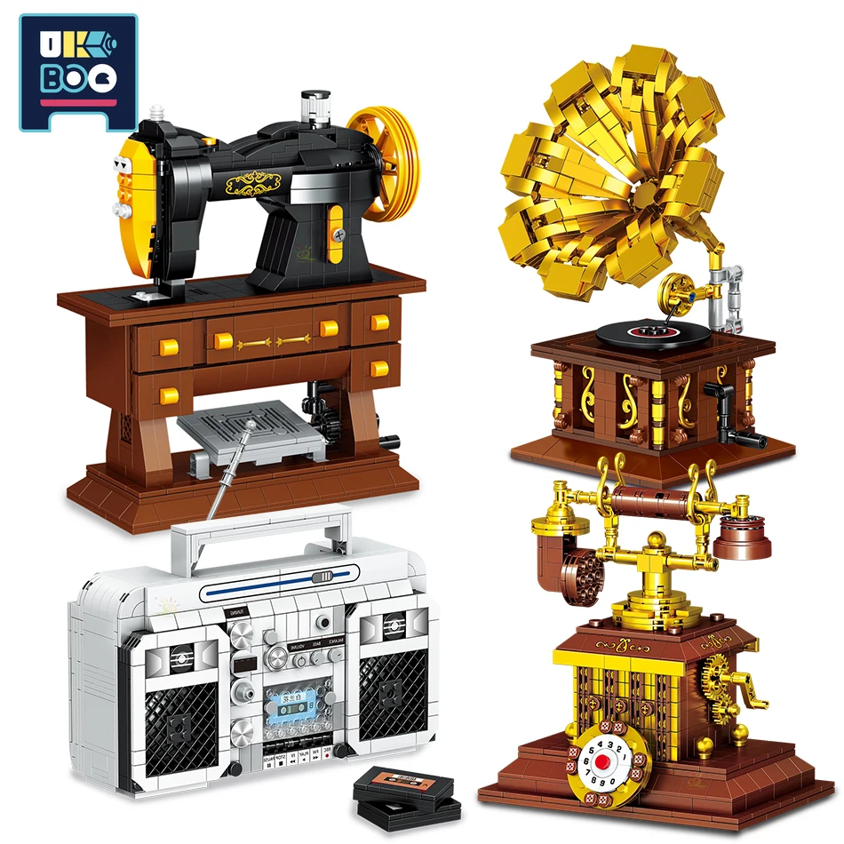 

UKBOO Retro Sewing Machine Phonograph Radio Telephone Classic Model Building Blocks City Construction Bricks Toys for Children