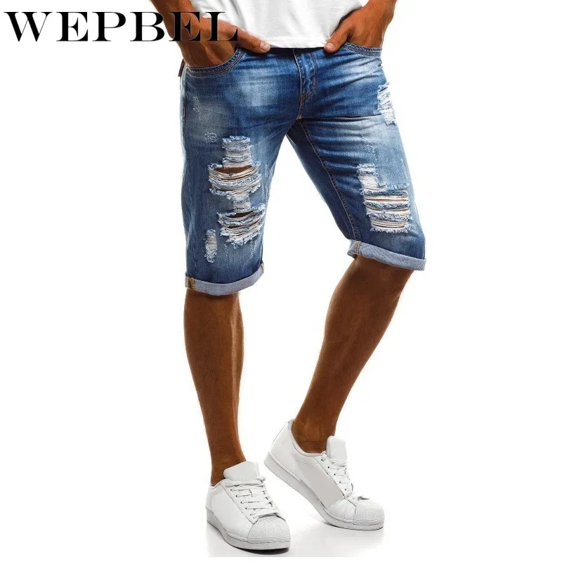 

WEPBEL Men Vintage Hole Denim Shorts Male Mid Waist Ripped Short Jeans Straight Denim Short Pants
