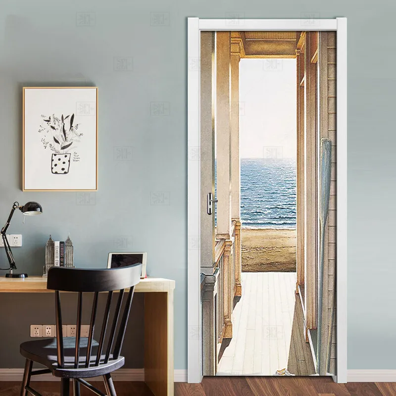 

Open Door To The Sea Art Picture 3D Wall Murals PVC Self-Adhesive Wall Stickers Door Sticker Wallpaper Decals Home Decor Poster