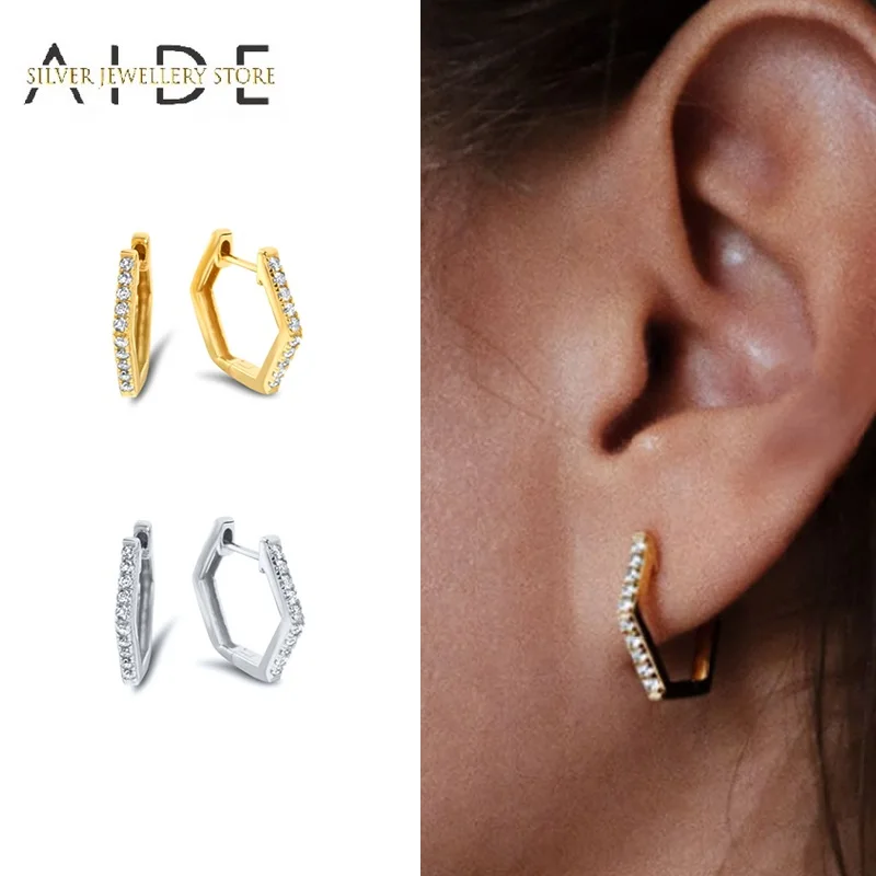 

AIDE Geometric Hexagon Hoop Earrings For Women Minimalism INS Zircon Pave Piercing Huggie Earings Silver 925 Jewelry oorbellen