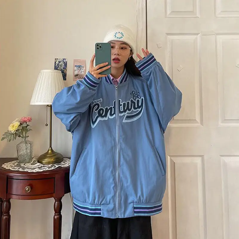 

Basic Jackets Women Pink Spring Autumn Zipper BF Simple Striped Letter Printed High Street Hip-hop Chic Leisure Soft Ulzzang