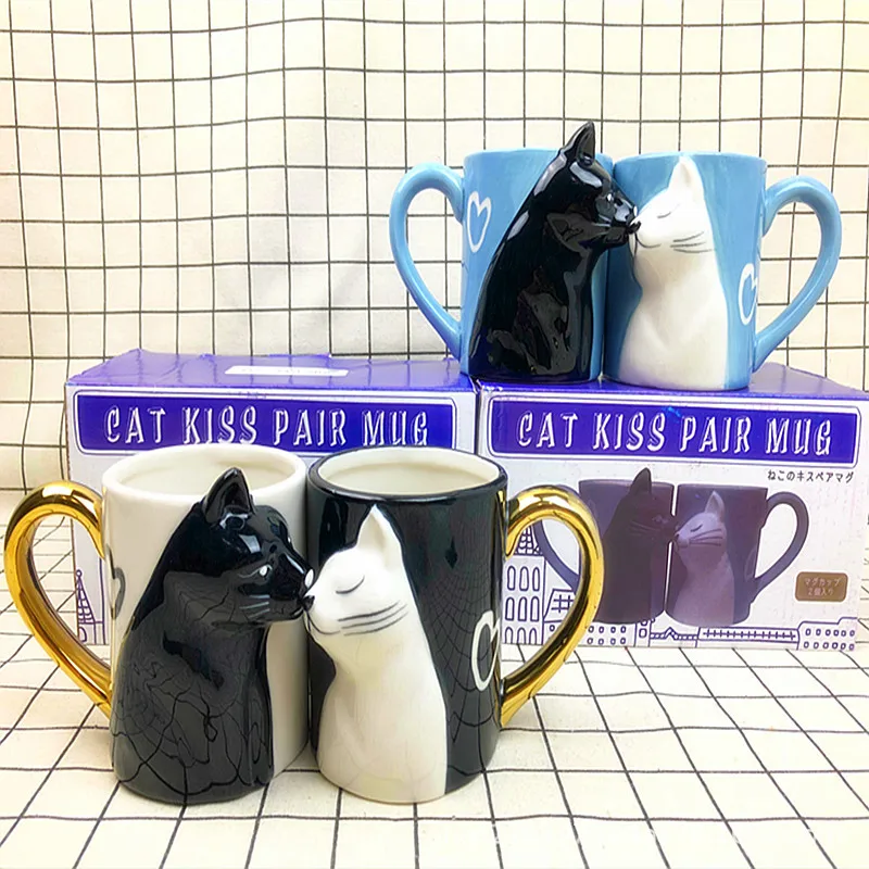 

350ML 2pcs Luxury Kiss Cat Cups Couple Ceramic Mugs Married Couples Anniversary Morning Gold Mug Milk Coffee Tea Valentines Day