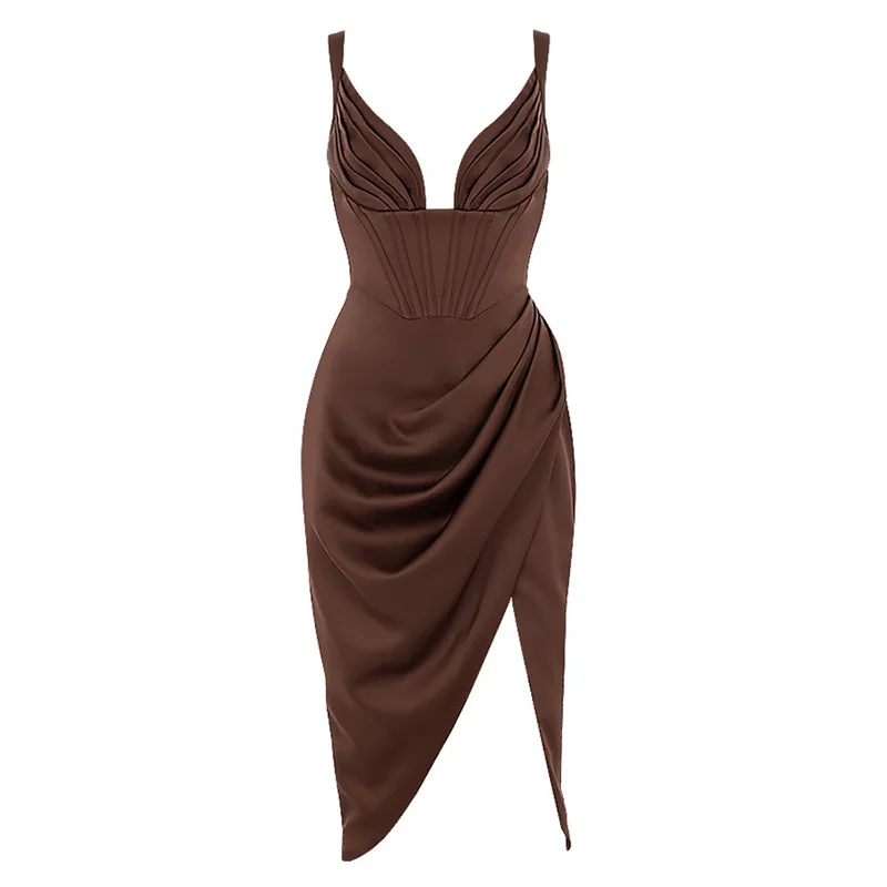 

Clubwear Stretch Satin Elegant Dress Women High Split Deep V Neck Sexy Party Dress 2021 Summer Dresses with Fishbone Vestidos