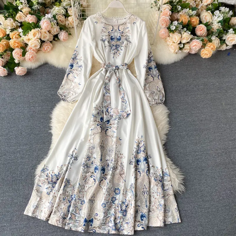 Платье женское демисезонное длинное с цветочным принтом и поясом|Женские платья|