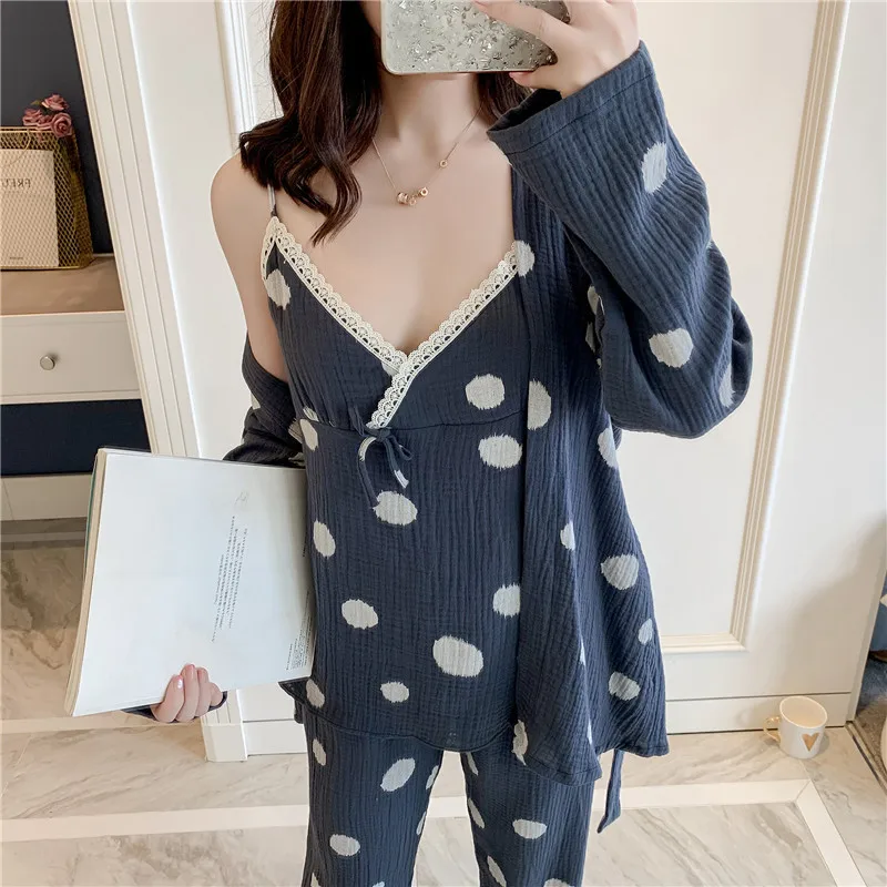 Gray Big Point Осенняя пижама из чистого хлопка Женская свежая 3 шт сладкие Спагетти ремень кардиганские брюки пижамы - Цвет: Gray Big Point
