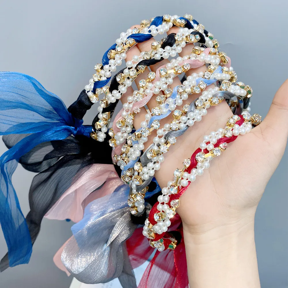 

WYINYA Big diamond pearl embellished chiffon bow headband female Korean lady headdress summer travel hair accessory