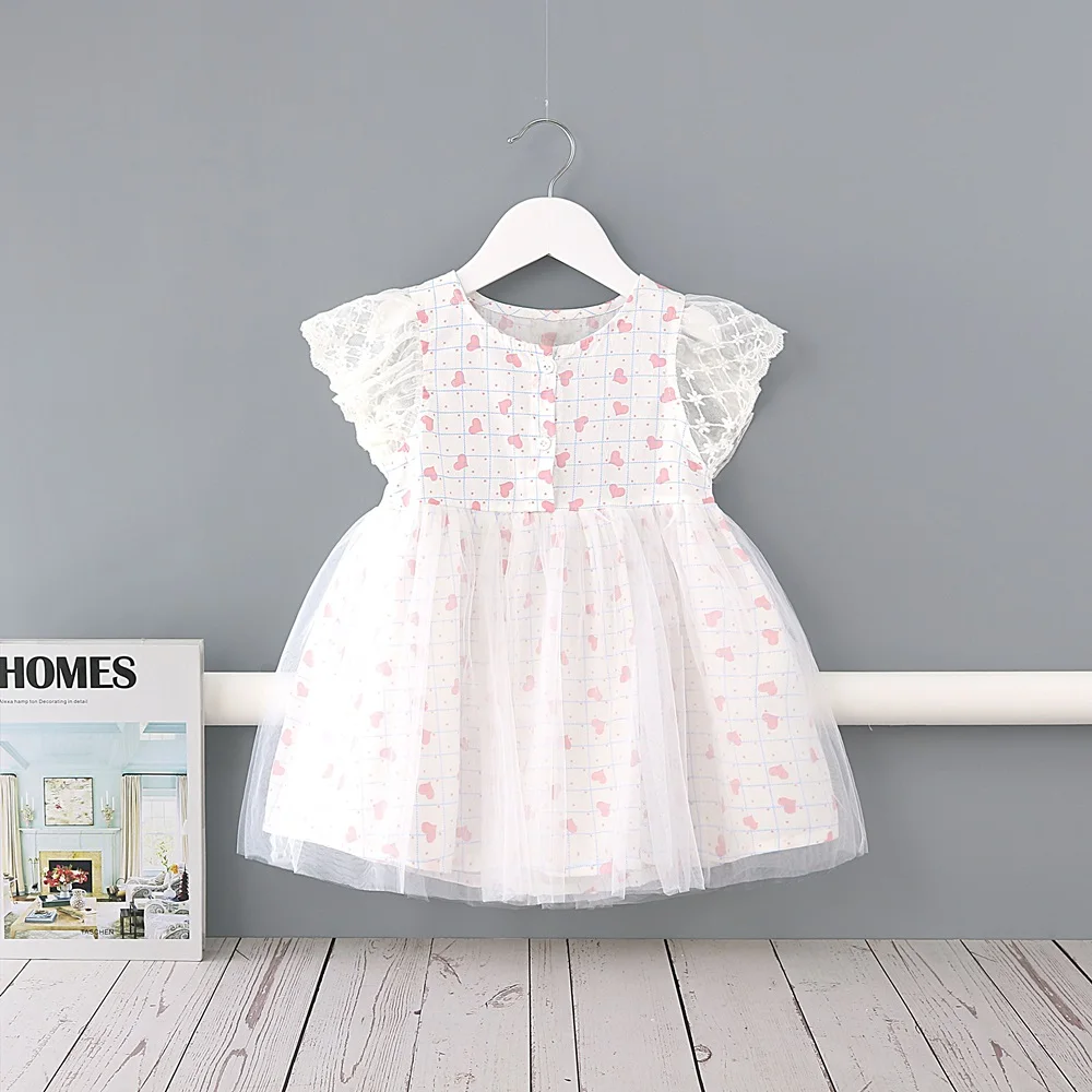 

Midoo Girls Dresses Children's Clothing Lace Mesh Hearts Plaid A-Line Cute Short Sleeve Casual Summer Kids Cotton Dress Clothes