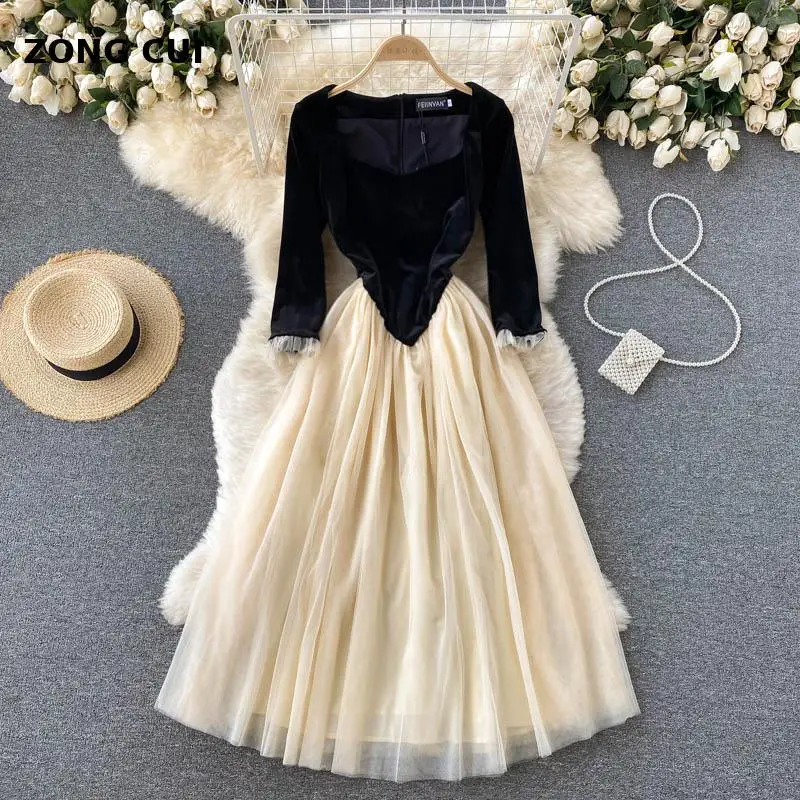 

Elegant Vintage Velvet Tulle Patchwork Dress Autumn Women Square Collar High Waist Slim Fashion Designer Runway Party Maxi Dress
