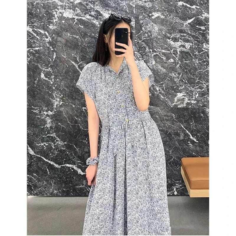 

High Quality Women Elegant Dress Blue Floral Print Long Bow Tie Waist Fitted Oversize French Style Dresses Women Summer Vestidos