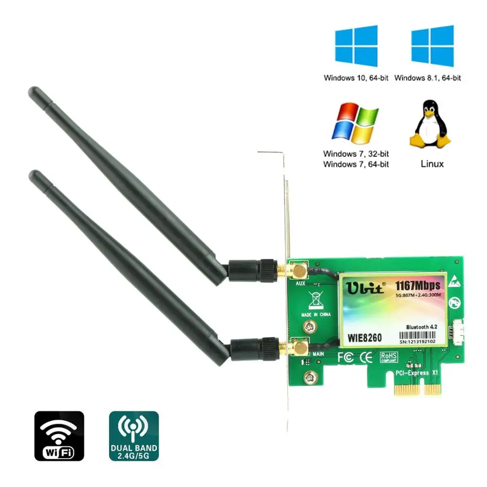 WiFi карта AC 1200 Мбит/с Ubit 8260 сетевая с Bluetooth 4 2 адаптером двухдиапазонный 5G/2 4G PCI E