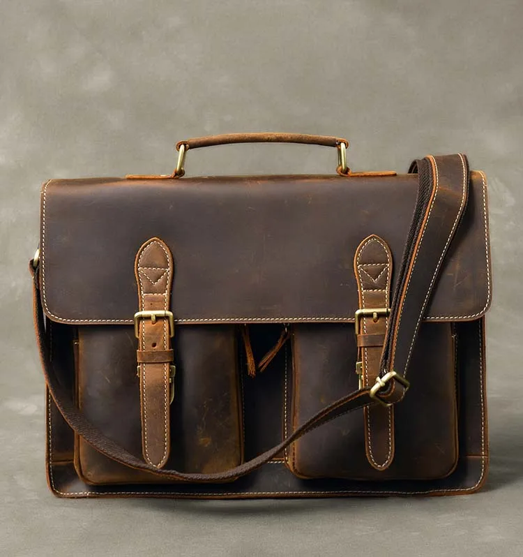 Mens Briefcase Handbag Shoulder Messenger Bag Crazy Horse Leather Genuine Leather Vintage For Male Men 1061