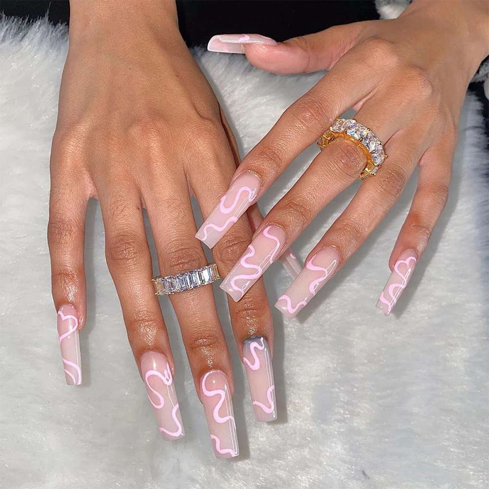 

New 24Pcs/Box Detachable Almond Pink And White False Nails Wavy Style Stiletto Fake Nails Ballerina Coffin Full Cover