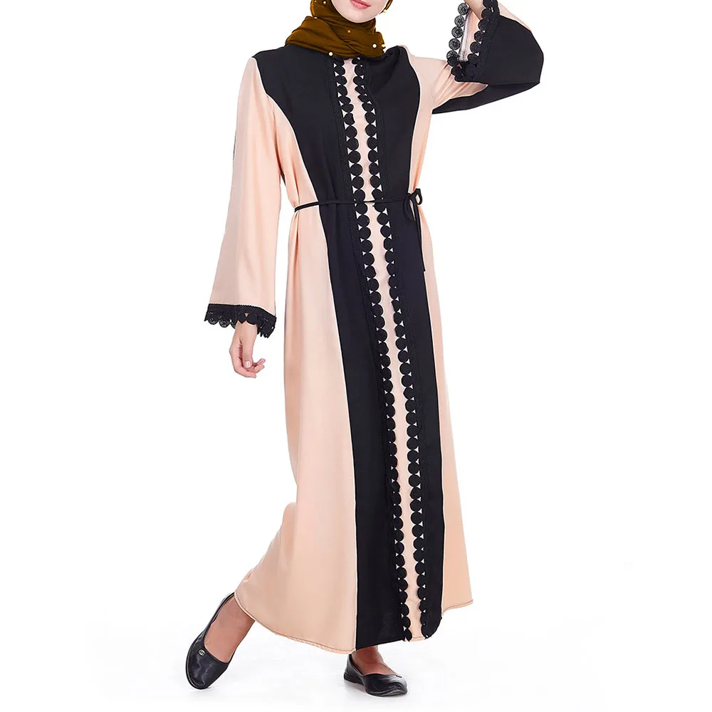 

Muslim Women Dress Spring Autumn Fashion Temperament Loose Casual Simple Elegant Lace Contrast Splicing Round Neck Long Sleeve
