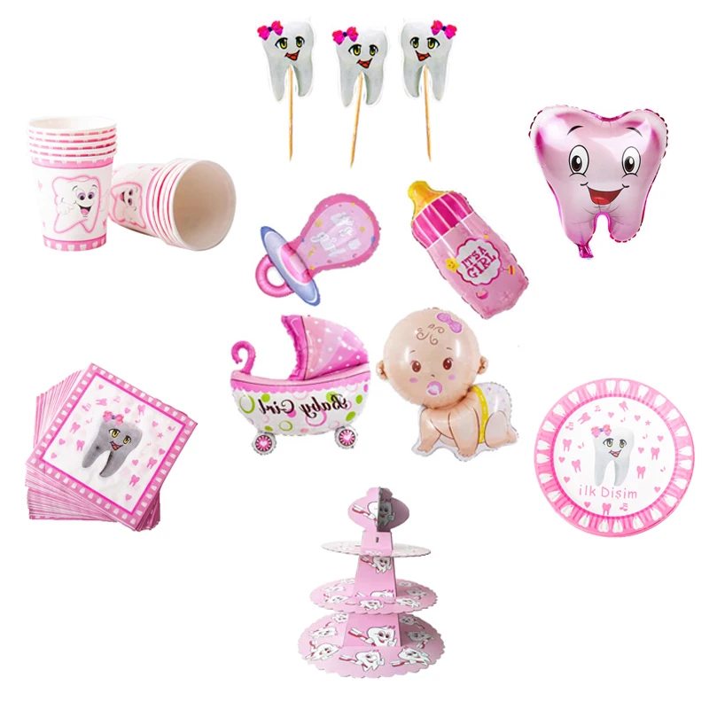 Набор одноразовой посуды для вечевечерние Первый зуб розовая бумажная тарелка